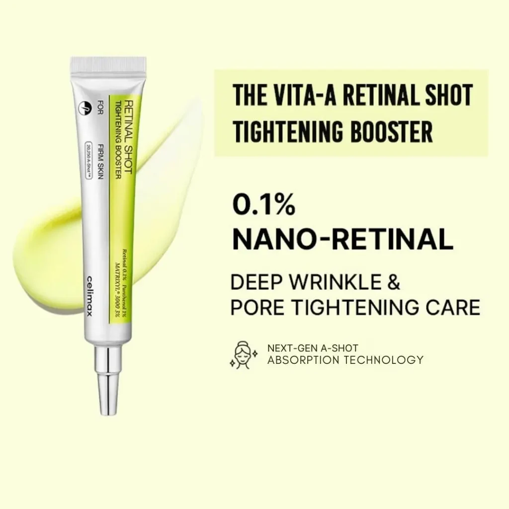 Celimax The Vita-A Retinal Shot Tightening Booster 0.1 percent nano-retinal technology for deep wrinkle care.