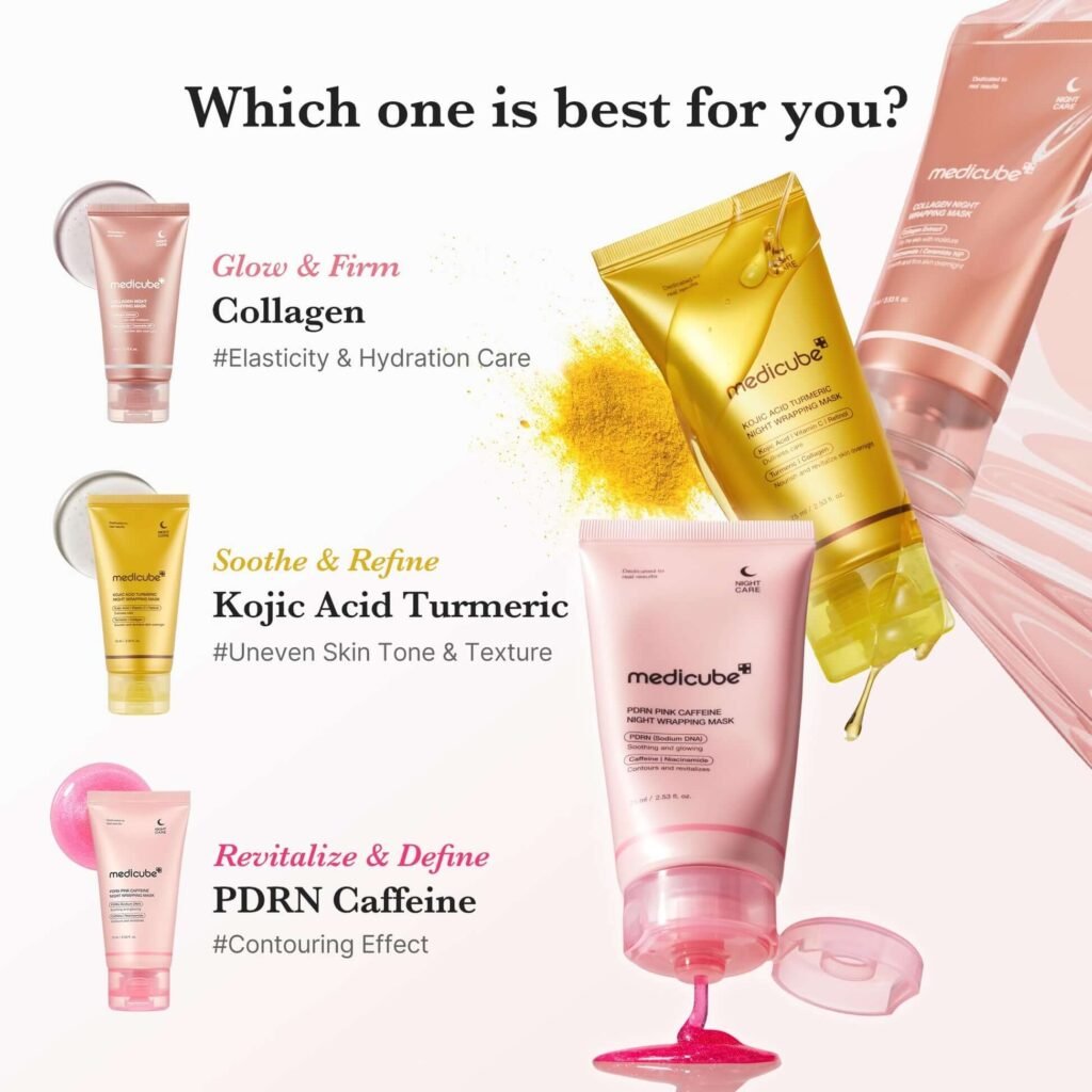 comparison between medicube collagen kojic acid turmeric and pdrn caffeine night wrapping masks