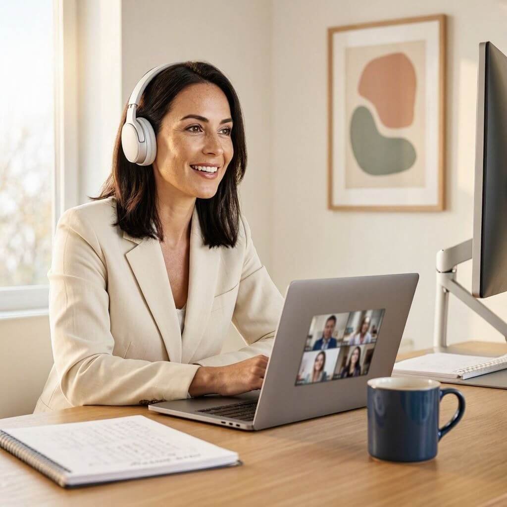 Professional woman conducting an online coaching session on laptop