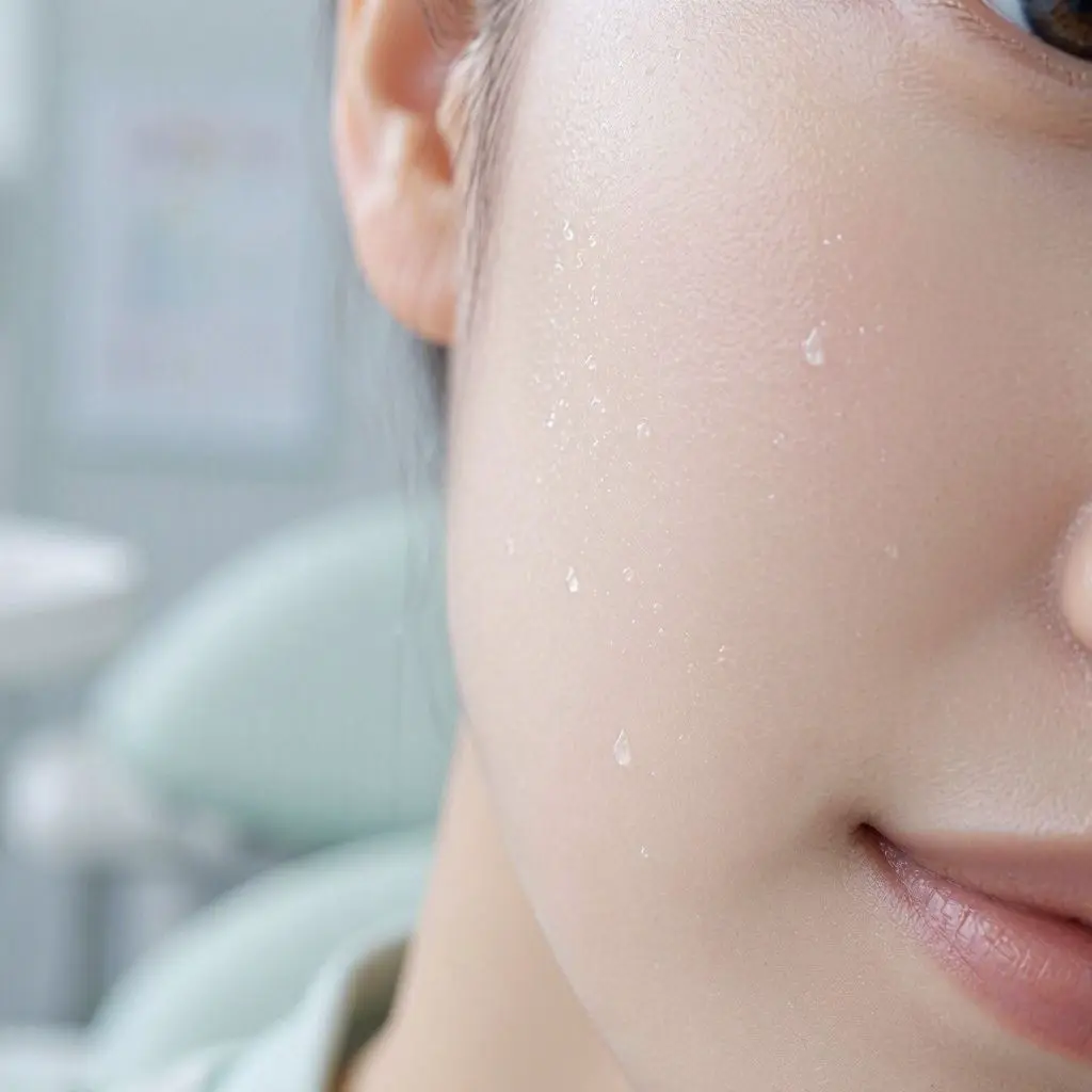 Close up of a woman face with fine mist of cooling hypochlorous acid spray
