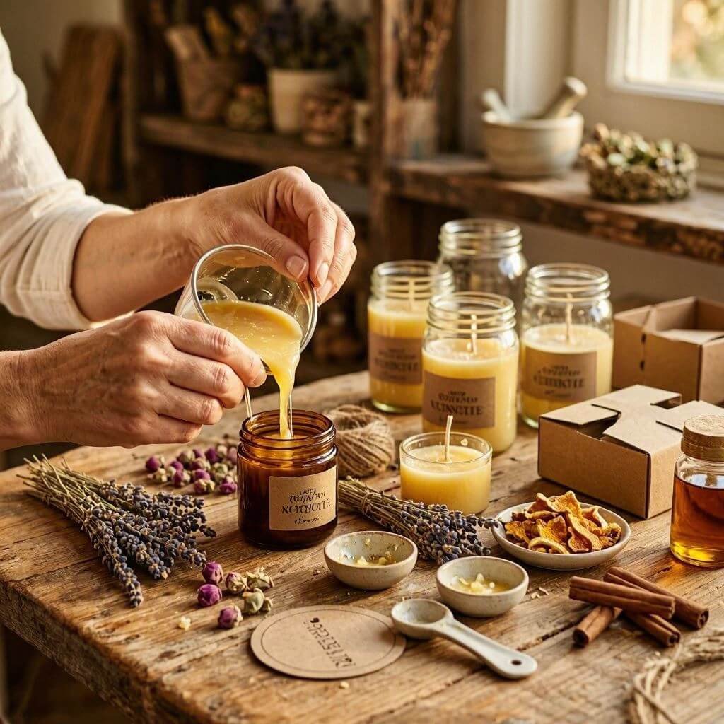 Close up of hands making organic handmade scented candles at home
