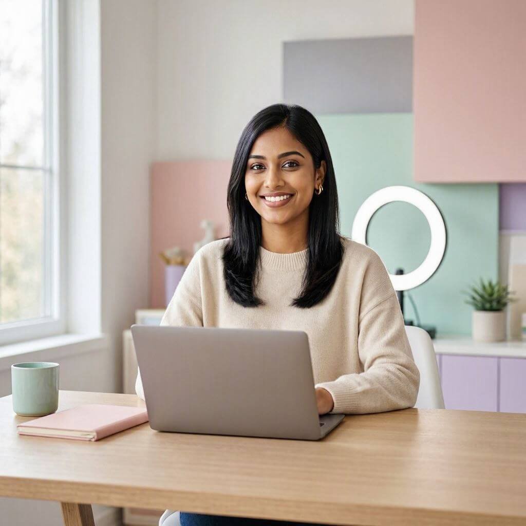 Successful female digital marketer and content creator working on laptop