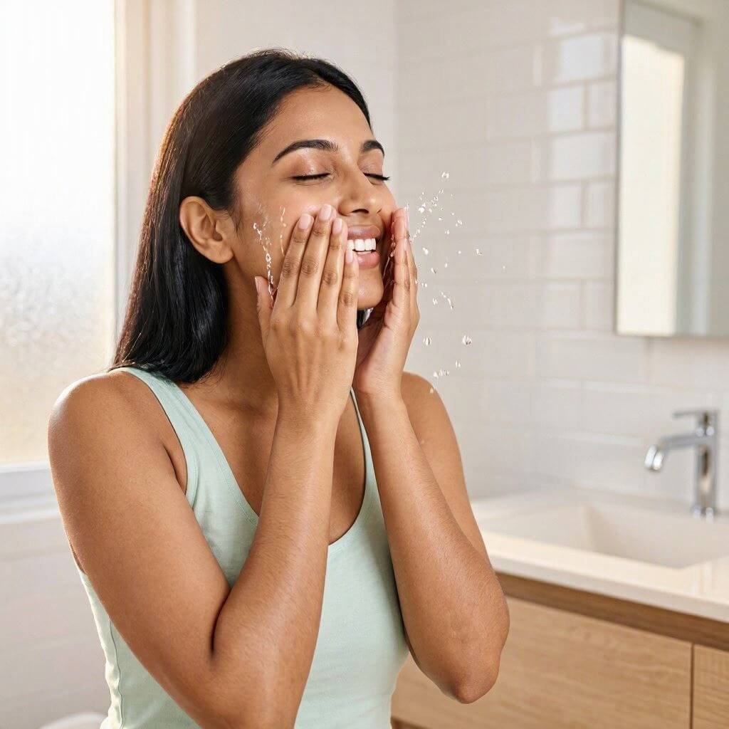 Young woman washing her face with a gentle cleanser in a bright bathroom