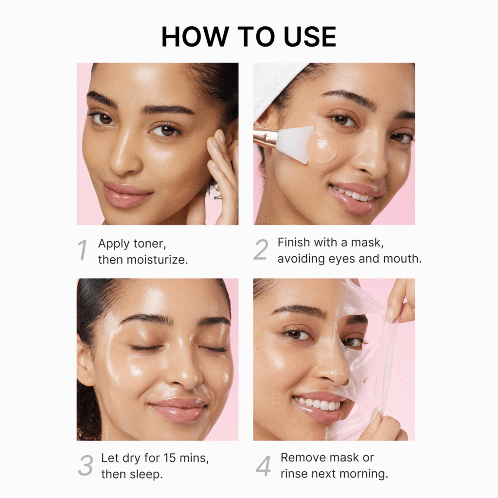 step by step how to apply and peel off K-beauty collagen night wrapping mask