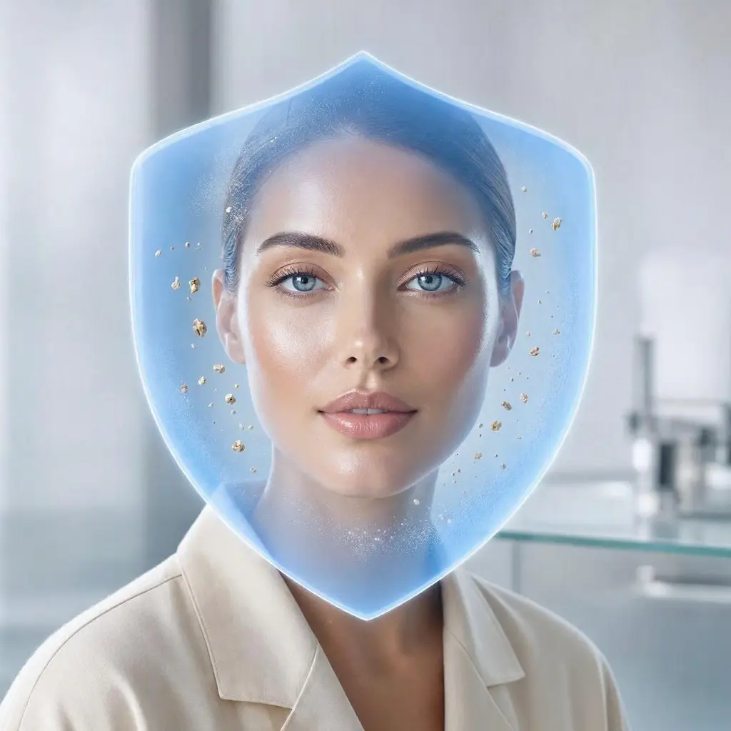 Skincare model with protective shield reflecting pollution particles
