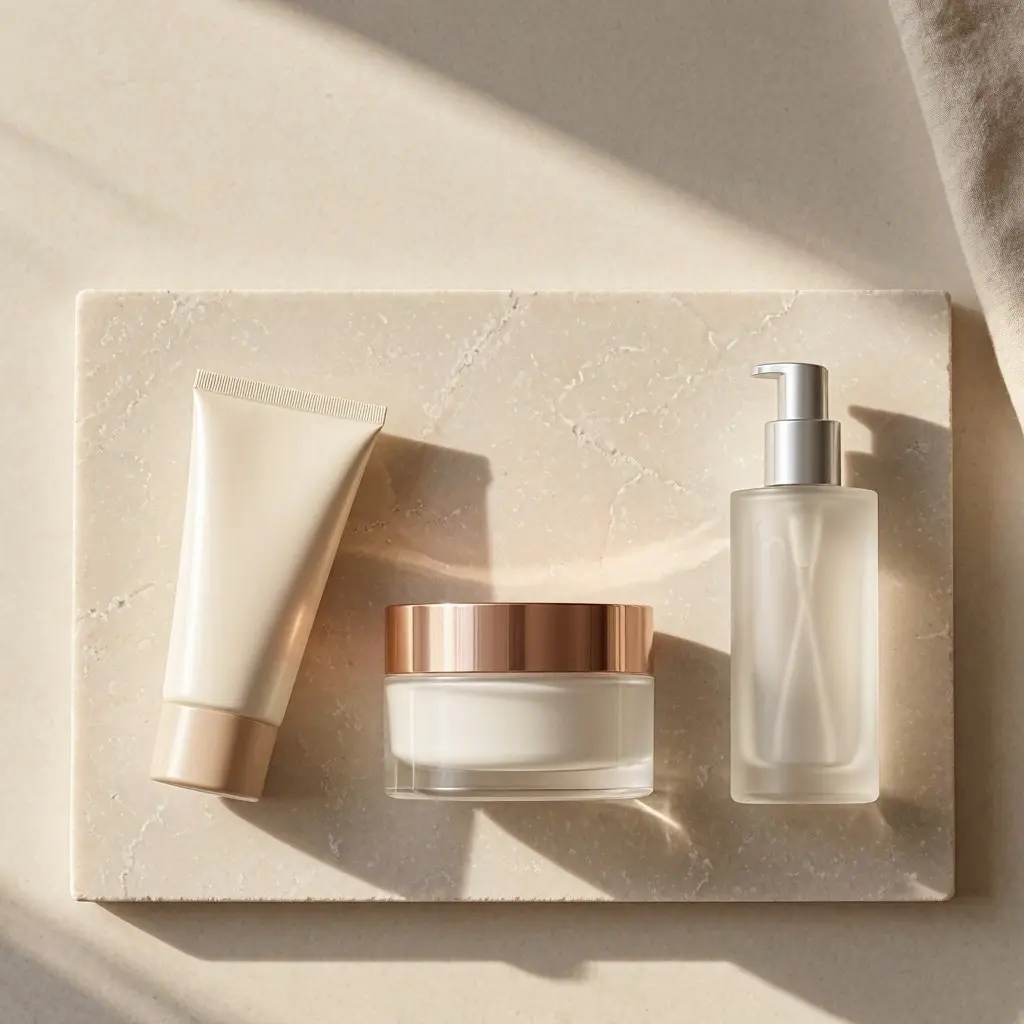 Flatlay of minimal skincare products like sunscreen and ceramides for daily skin longevity routine