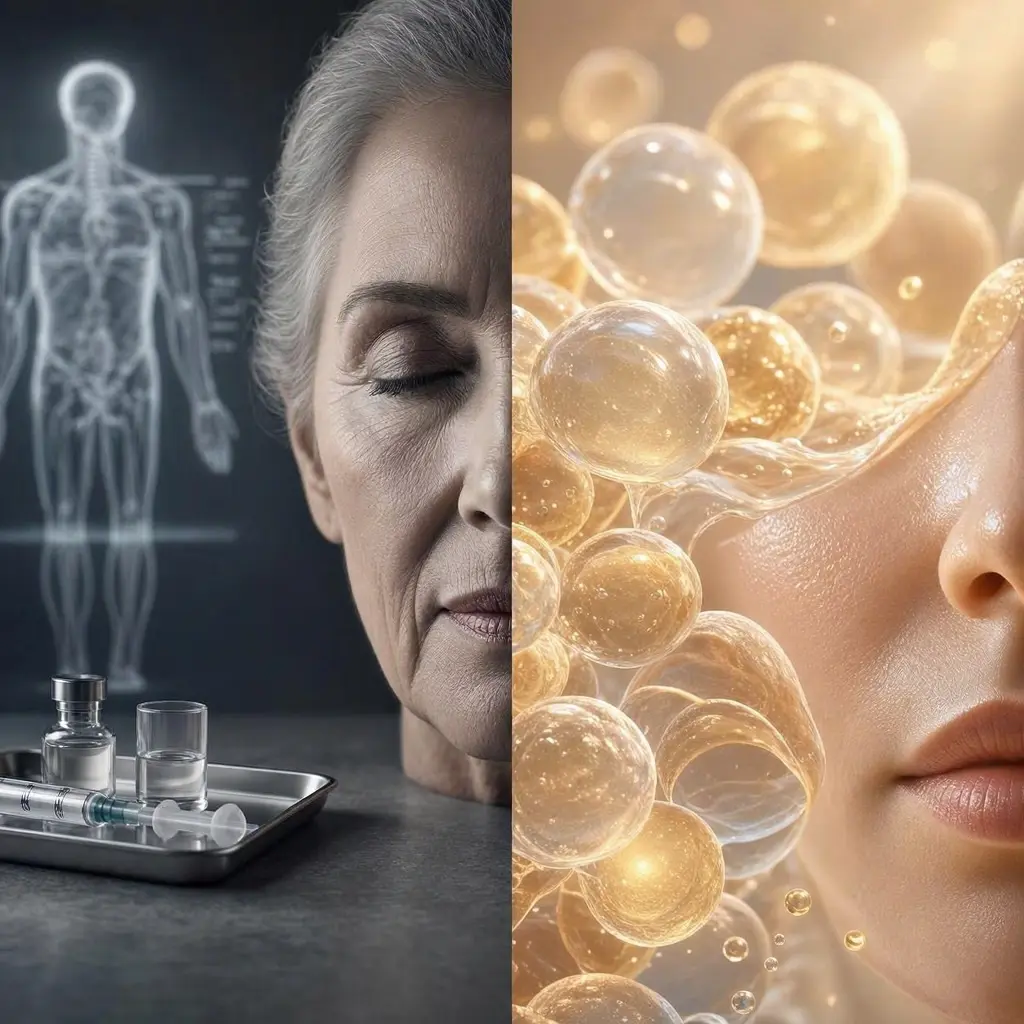 Splitscreen image explaining traditional anti aging vs modern skin longevity cellular science