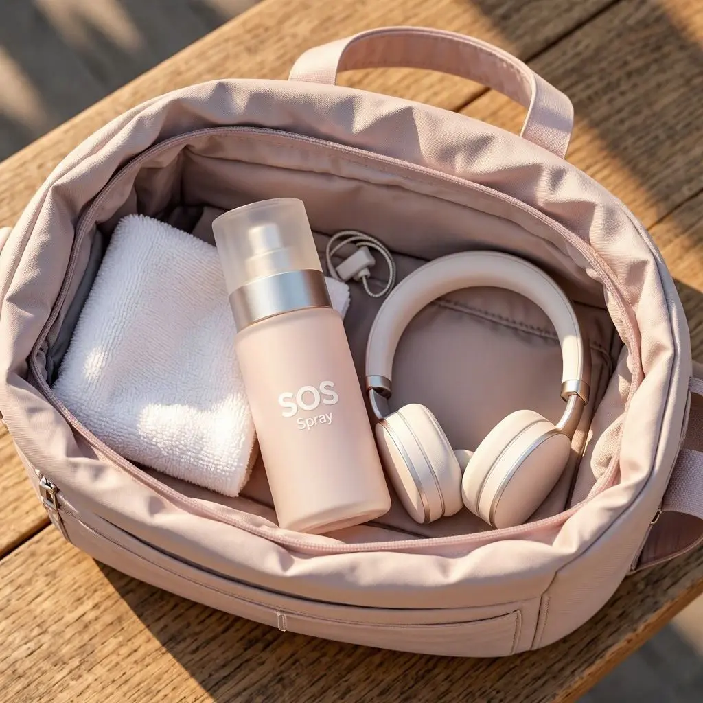 Aesthetic gym bag with a refreshing hypochlorous acid spray bottle inside