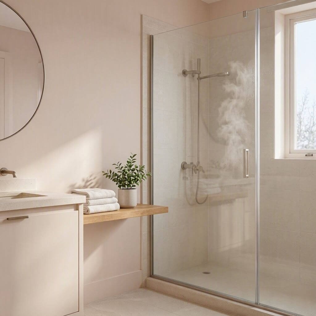 aesthetic bathroom with steam showing lukewarm water shower concept