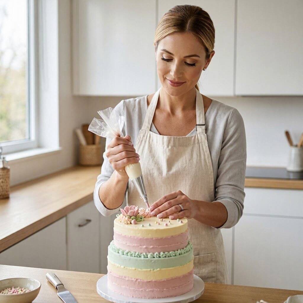 Female baker decorating a fresh cake in a modern home kitchen