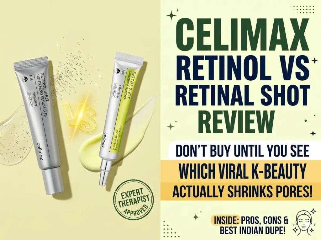Celimax Retinol vs Retinal Shot Review blog featured image banner with K-beauty skincare products for pore tightening.