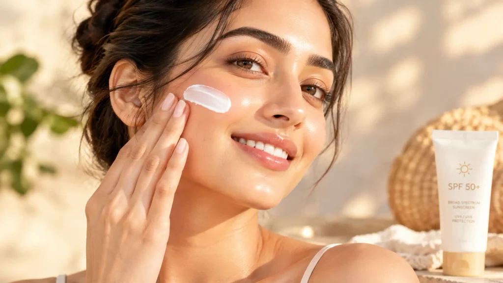 Woman with glowing skin applying broad spectrum sunscreen daily to treat hyperpigmentation