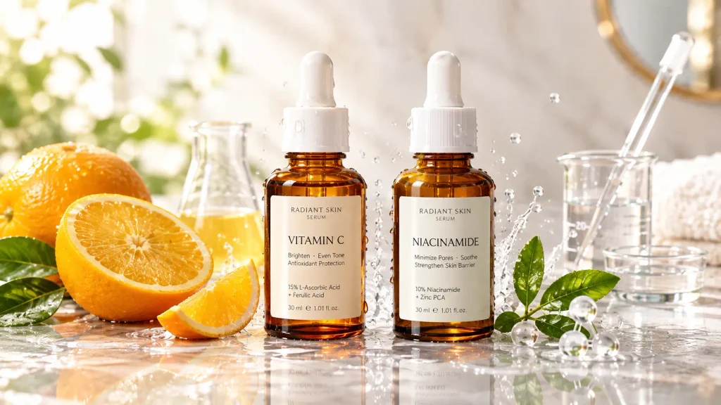 Gentle brightening serums with Vitamin C and Niacinamide to treat hyperpigmentation