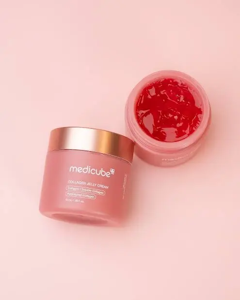 Medicube Collagen Jelly Cream pink jar and texture comparison